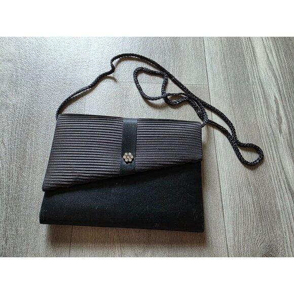 Walborg Black Pleated Evening Clutch With Rhinestone Accent & Shoulder Strap - Picture 2 of 6